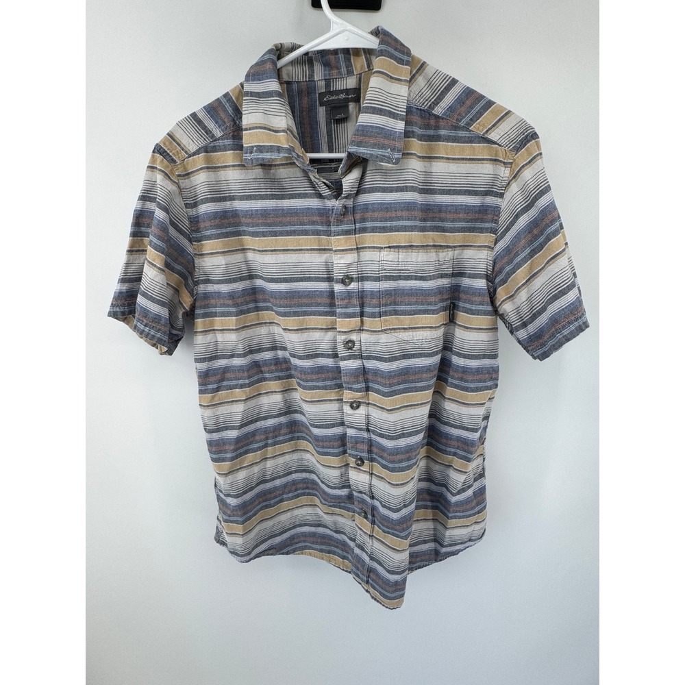 Eddie Bauer Mens Large Short Sleeve Button Down Shirt Striped Cotton Blue Tan